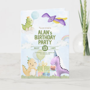 Cute Watercolor Dinosaur Birthday Invitation