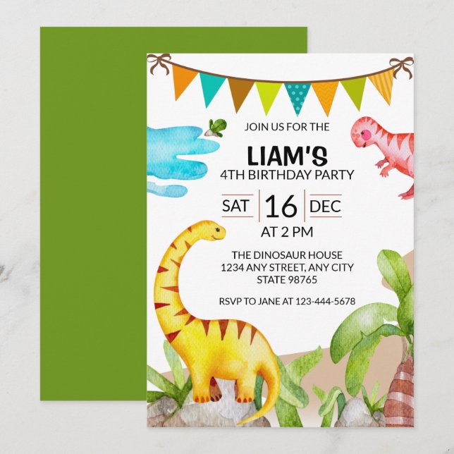Cute Watercolor Dinosaur Birthday Party Invitation (Front/Back)