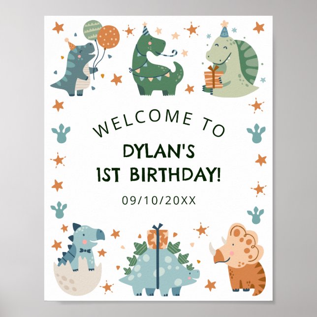Cute Watercolor Dinosaur Birthday Party Welcome  Poster (Front)