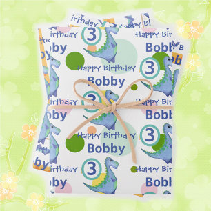 Cute Watercolor Dinosaur Boy's Little Birthday 3 Wrapping Paper Sheet