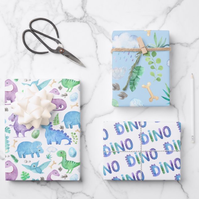 Cute Watercolor Dinosaur Gift Wrapping Paper Sheet (Front)