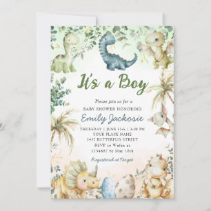 Cute Watercolor Dinosaur Greenery Boy Baby Shower Invitation
