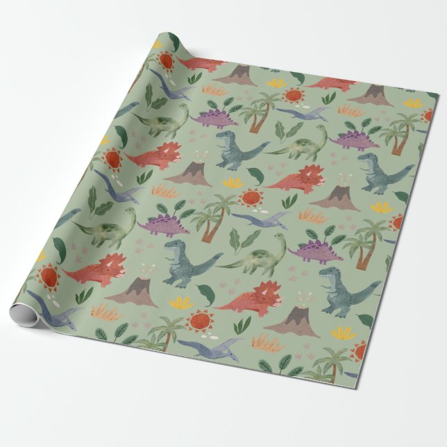 Cute Watercolor Dinosaur Pattern Wrapping Paper (Unrolled)