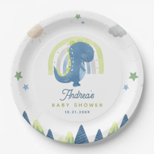 Cute Watercolor Dinosaur T Rex Baby Shower Party Paper Plate