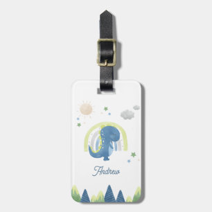 Cute Watercolor Dinosaur T Rex & Rainbow Kid Name Luggage Tag