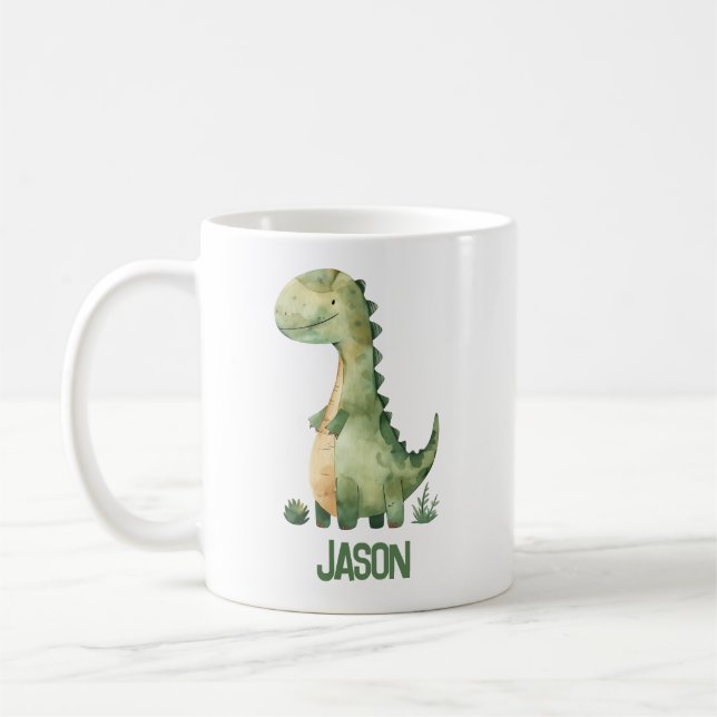 Cute Watercolor Dinosaur With Kids Name Coffee Mug (Left)