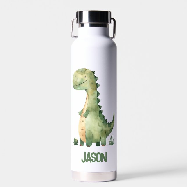 Cute Watercolor Dinosaur With Kids Name Water Bottle (Front)