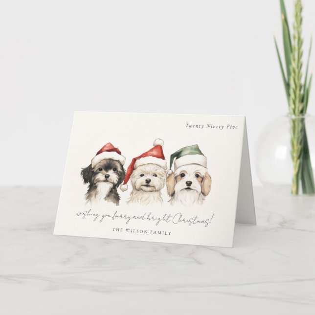 Cute Watercolor Dog Furry and Bright Christmas Holiday Card (Front)