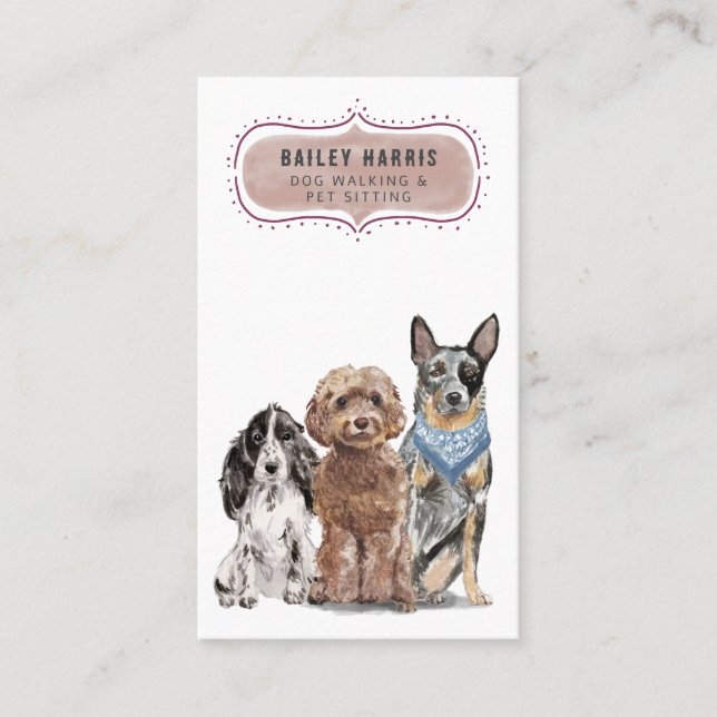 Cute Watercolor Dog Walker Adventures Pet Sitter Business Card (Front)