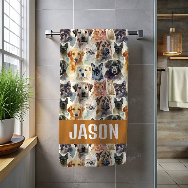 Cute Watercolor Dogs and Cats Beach Towel (Creator Uploaded)