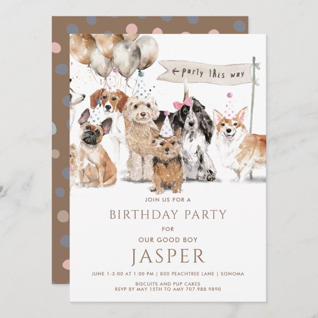Cute Watercolor Dog's Birthday Party Invitation (Front/Back)