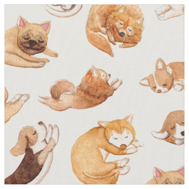 Cute Watercolor Dogs Illustrated Pattern Fabric (Close Up)