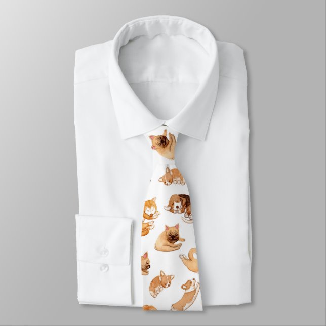 Cute Watercolor Dogs Illustrated Pattern Tie (Tied)
