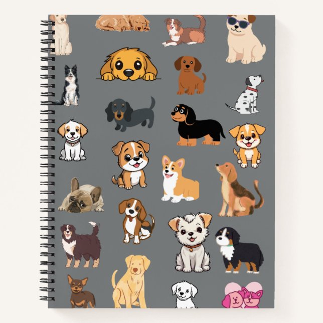 Cute Watercolor Dogs Pattern Monogram Notebook (Front)