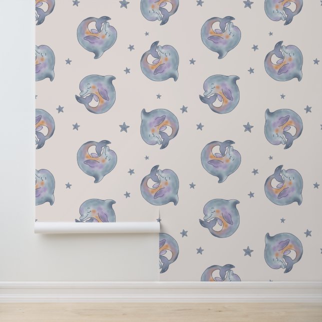 Cute Watercolor Dolphin and Stars Seamless Pattern Wallpaper (Application)