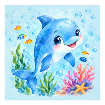Cute Watercolor Dolphin Underwater