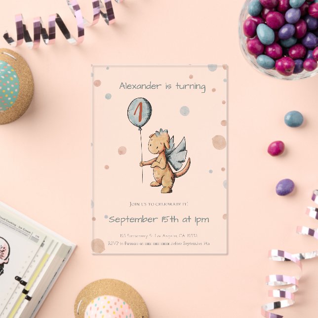 Cute Watercolor Dragon Balloon First Birthday  Acrylic Invitations (Insitu (Celebration))