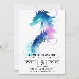 Cute Watercolor Dragon Fantasy Birthday Invitation