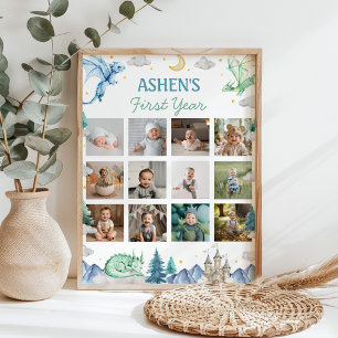 Cute Watercolor Dragon First Year Photo Milestone Poster