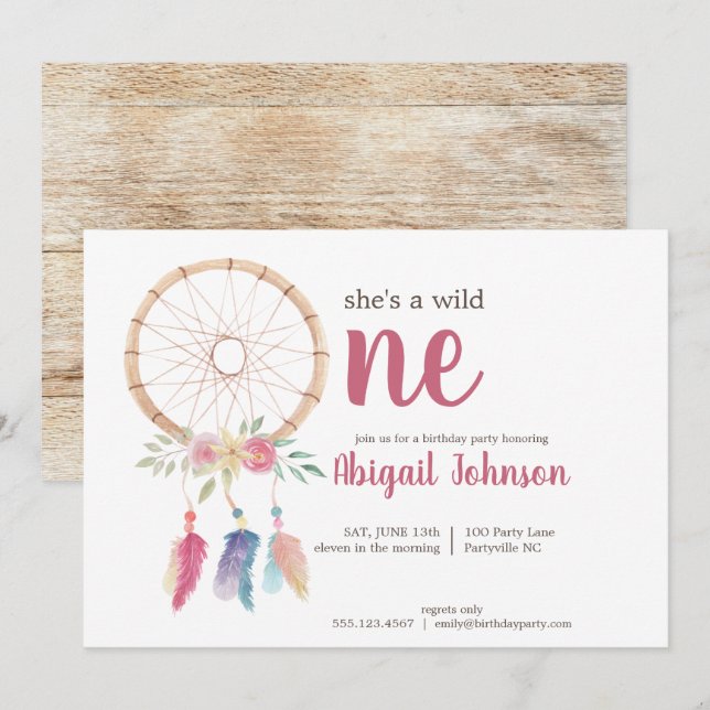 Cute Watercolor Dreamcatcher First Birthday Invitation (Front/Back)