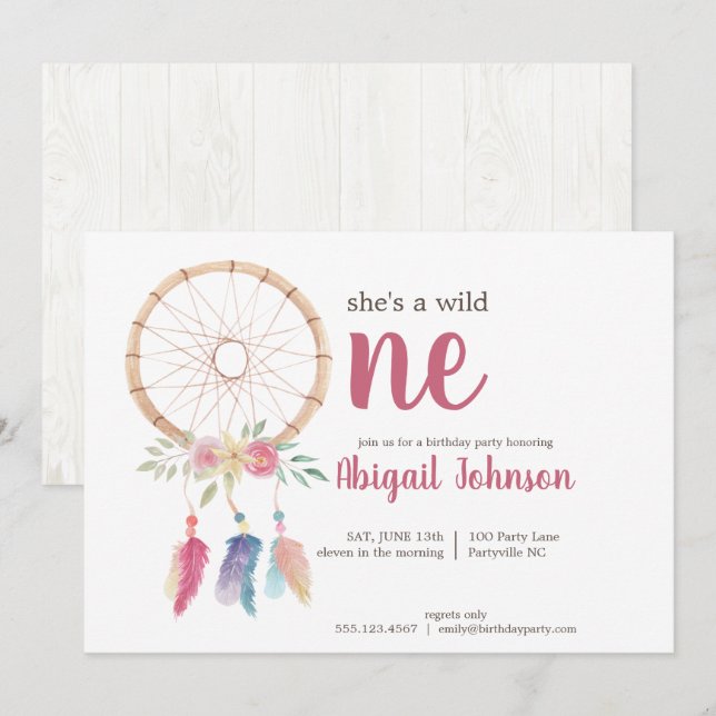 Cute Watercolor Dreamcatcher First Birthday Invitation (Front/Back)