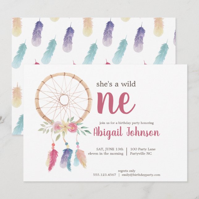 Cute Watercolor Dreamcatcher First Birthday Invitation (Front/Back)