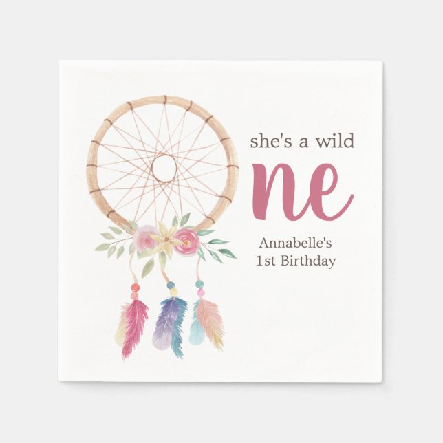Cute Watercolor Dreamcatcher Wild One 1st Birthday Napkin (Front)