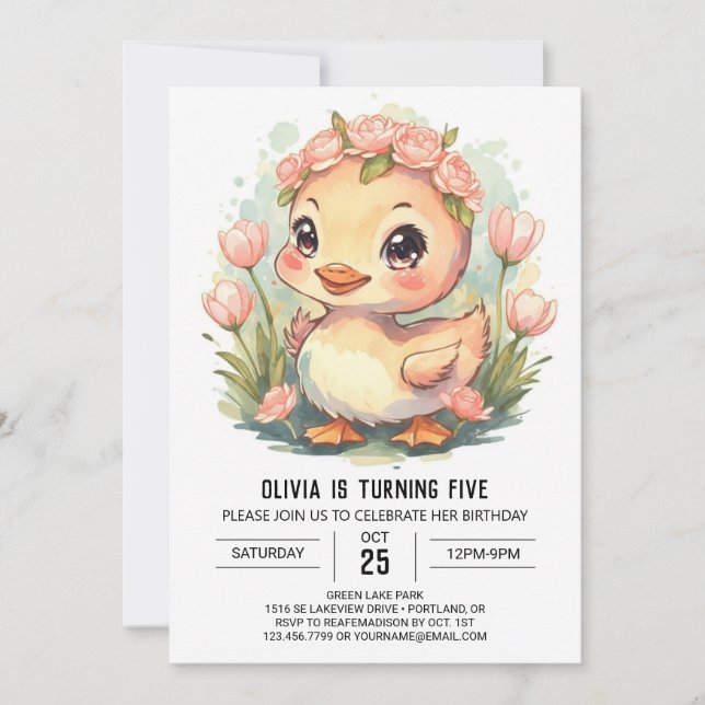 Cute Watercolor Duck Birthday Invitation (Front)