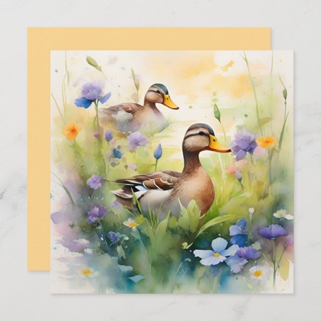 Cute Watercolor Duck N Wildflowers Blank  Card (Front/Back)