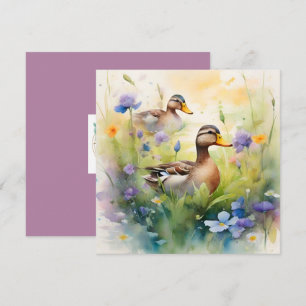 Cute Watercolor Duck N Wildflowers Blank  Card