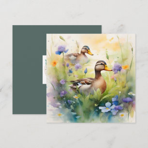 Cute Watercolor Duck N Wildflowers Blank Card