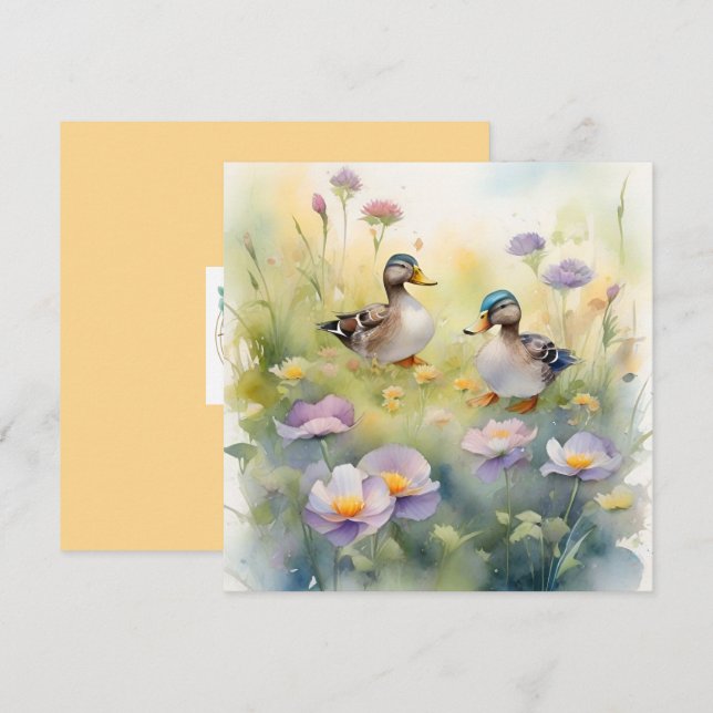 Cute Watercolor Duck N Wildflowers Blank  Holiday Card (Front/Back)