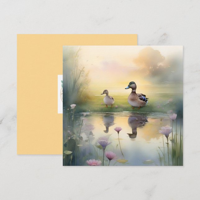 Cute Watercolor Duck Reflection Blank  Holiday Card (Front/Back)