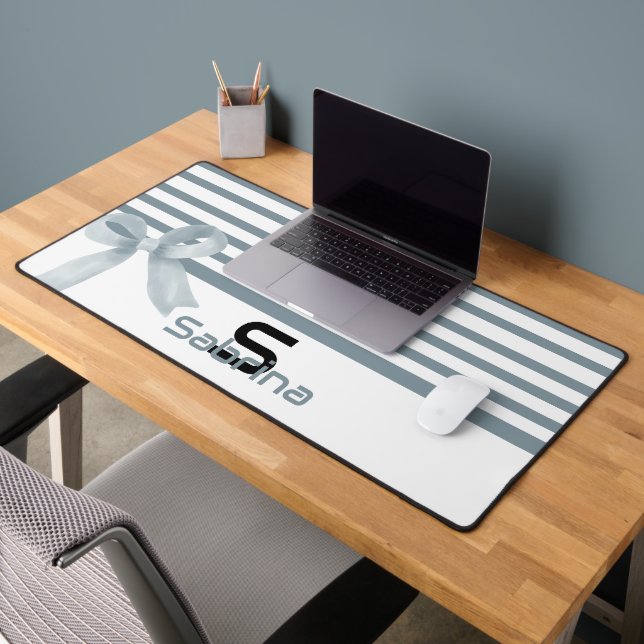 Cute Watercolor Dusty Blue Bow Stripes Desk Mat (Office 2)