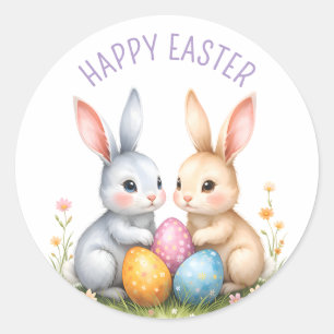Cute Watercolor Easter Bunnies Happy Easter Classic Round Sticker