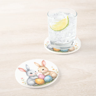 Cute Watercolor Easter Bunnies Happy Easter Coaster