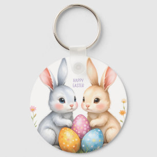 Cute Watercolor Easter Bunnies Happy Easter Key Ring