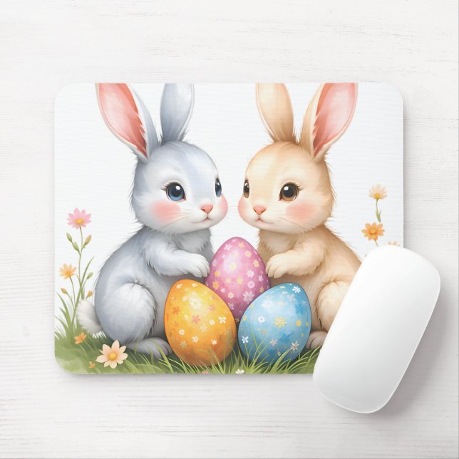 Cute Watercolor Easter Bunnies Happy Easter Mouse Mat (With Mouse)