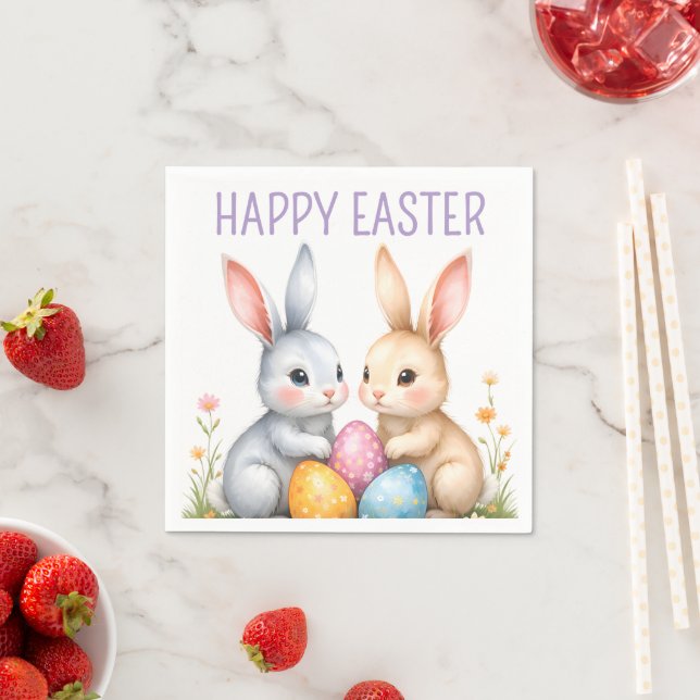 Cute Watercolor Easter Bunnies Happy Easter Napkin (Insitu)