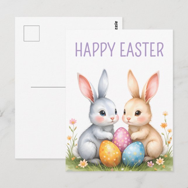 Cute Watercolor Easter Bunnies Happy Easter Postcard (Front/Back)
