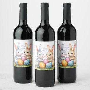 Cute Watercolor Easter Bunnies Happy Easter Wine Label