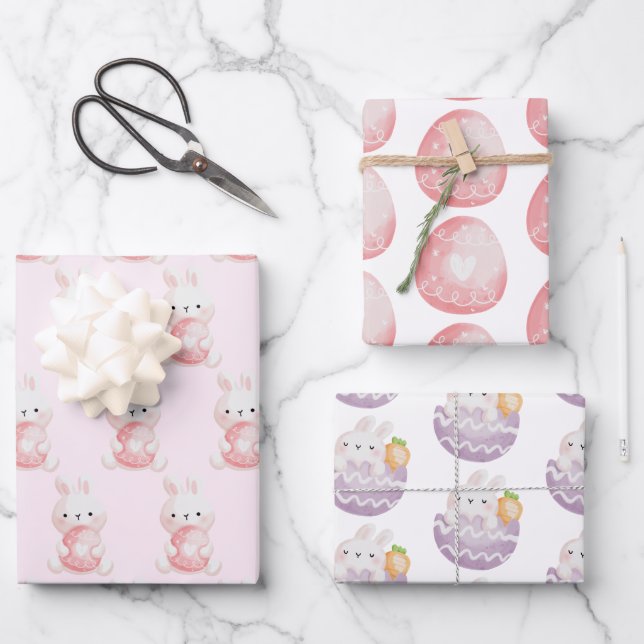 Cute Watercolor Easter Bunnies Wrapping Paper Sheet (Front)