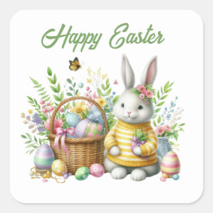 Cute watercolor Easter bunny add text Square Sticker