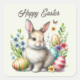 Cute watercolor Easter bunny add text Square Sticker