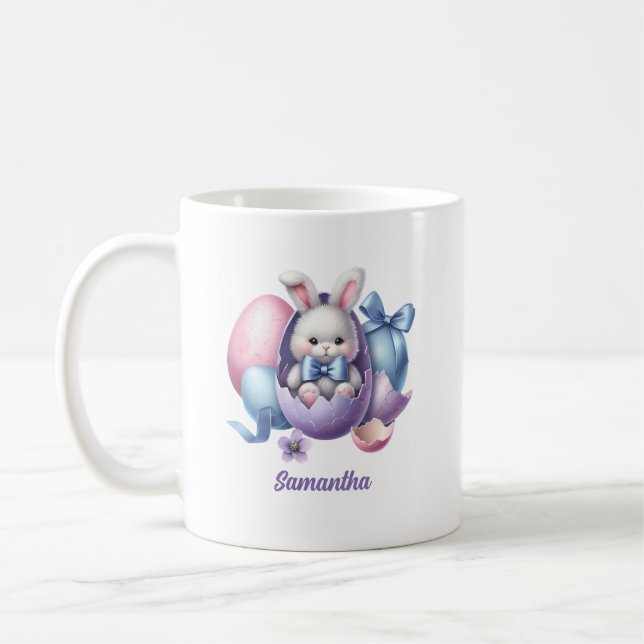 Cute watercolor Easter bunny and purple eggs Coffee Mug (Left)
