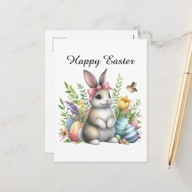 Cute watercolor Easter bunny eggs add message  Holiday Postcard (Front/Back In Situ)