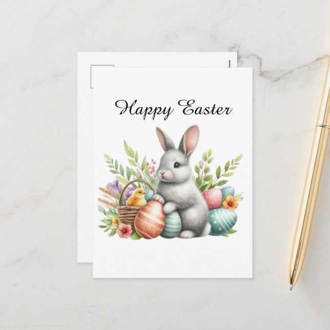 Cute watercolor Easter bunny eggs add message  Holiday Postcard (Front/Back In Situ)