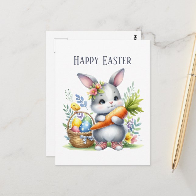 Cute watercolor Easter bunny message  Postcard (Front/Back In Situ)