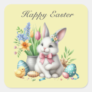 Cute watercolor Easter bunny message Square Sticker