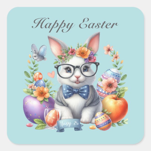Cute watercolor Easter bunny message  Square Sticker (Front)